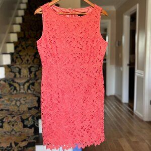 Tahari ASL Coral Eyelet Floral Lace Overlay Sleeveless Sheath Dress Sz 8 Petite